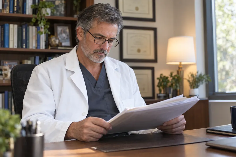 Dentist reviewing patient files in a private office