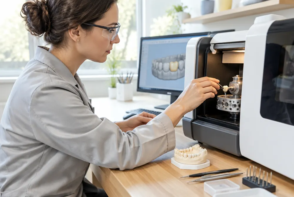 Dental lab technician working at a milling machine
