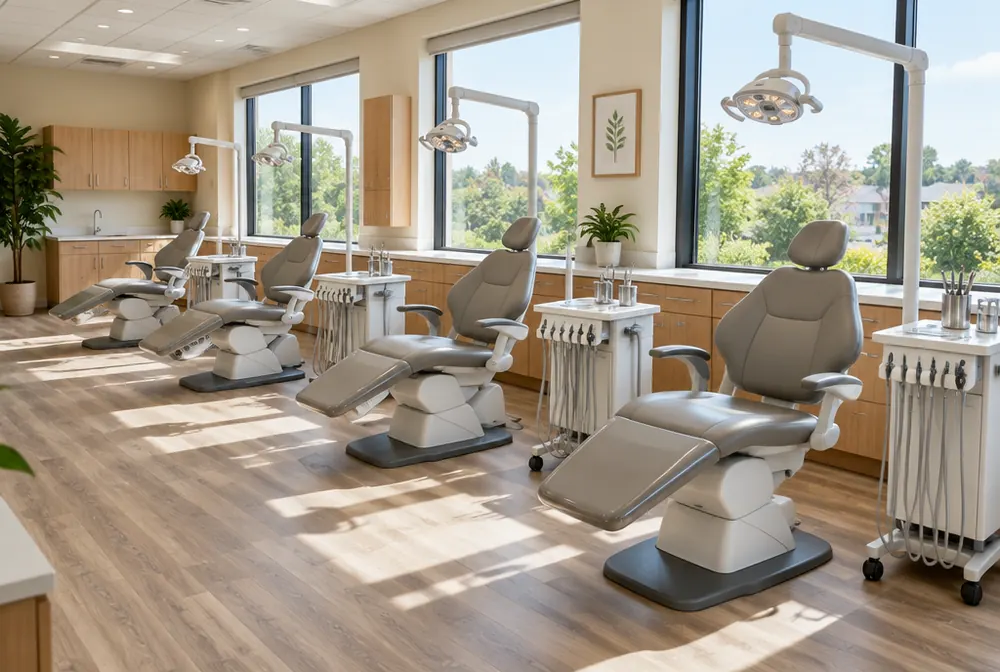 Open-bay orthodontic treatment area with several chairs