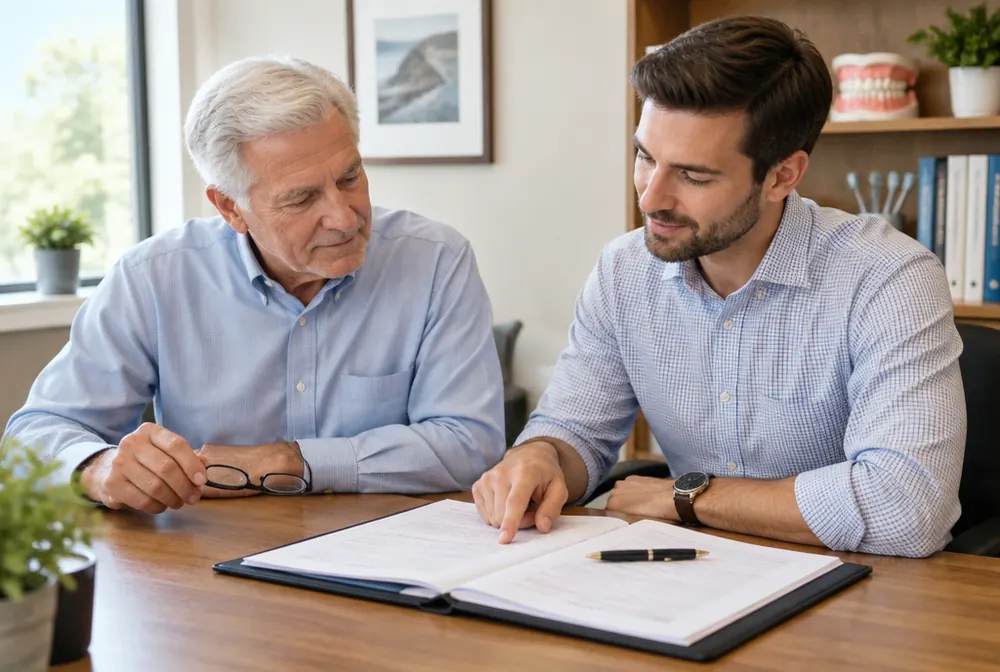 Two dentists reviewing practice purchase documents
