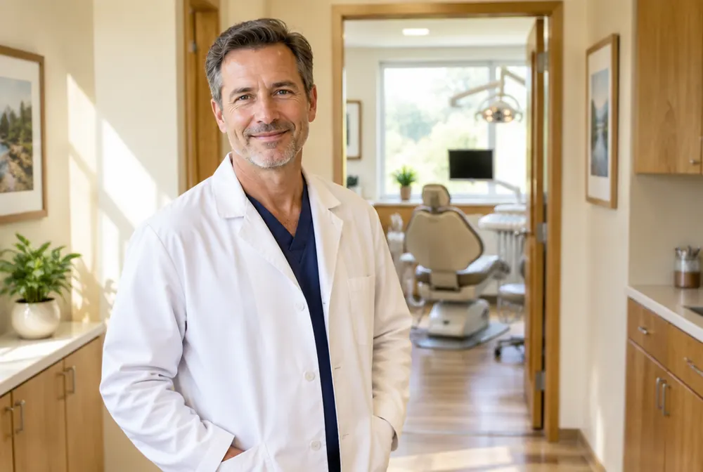 Owner-dentist in a small, bright single-office practice