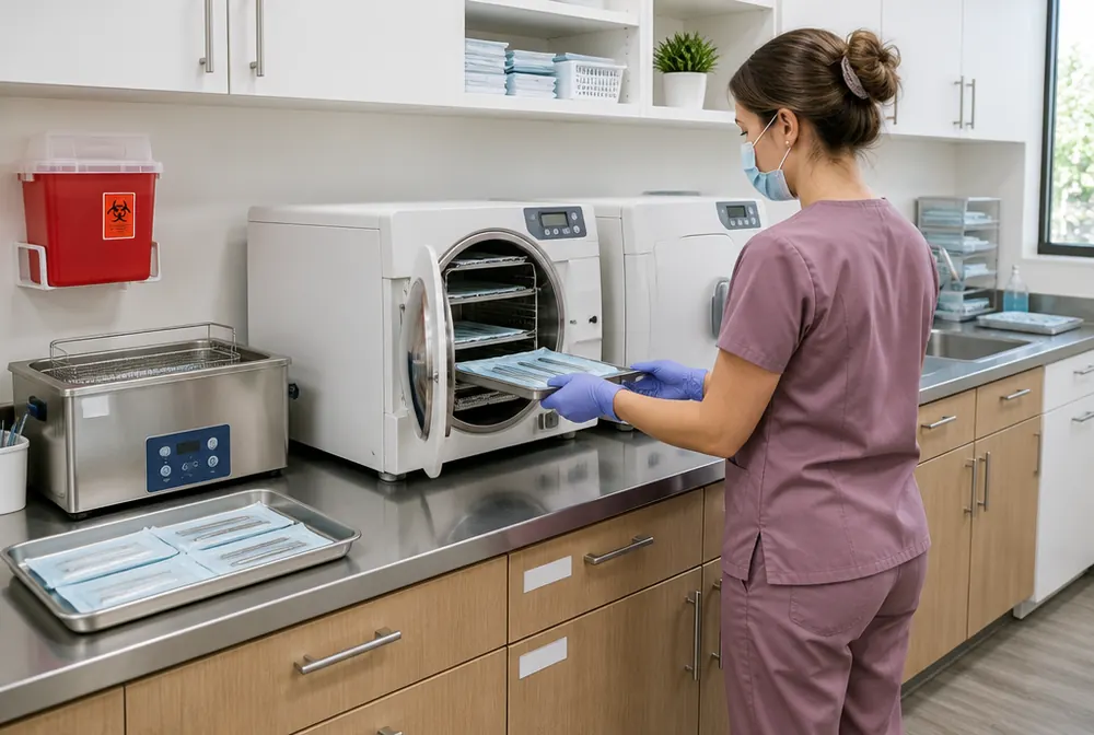 Instrument processing area with a wall-mounted sharps container, an ultrasonic cleaner and autoclaves