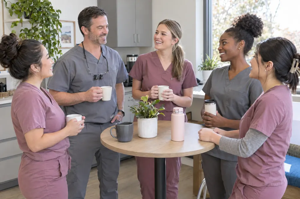 Group dental practice team gathered for a morning huddle