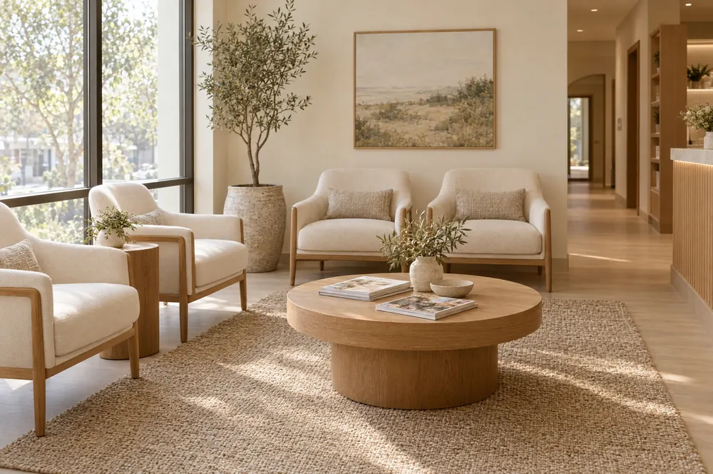 Dental practice waiting room with chairs and a coffee table